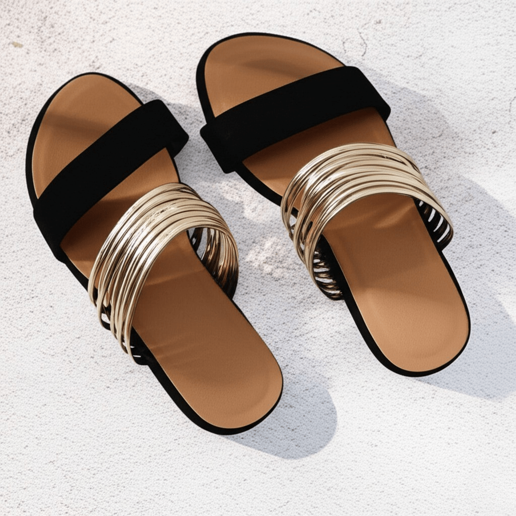 Black slide sandals with gold multi-strand straps on sandy ground