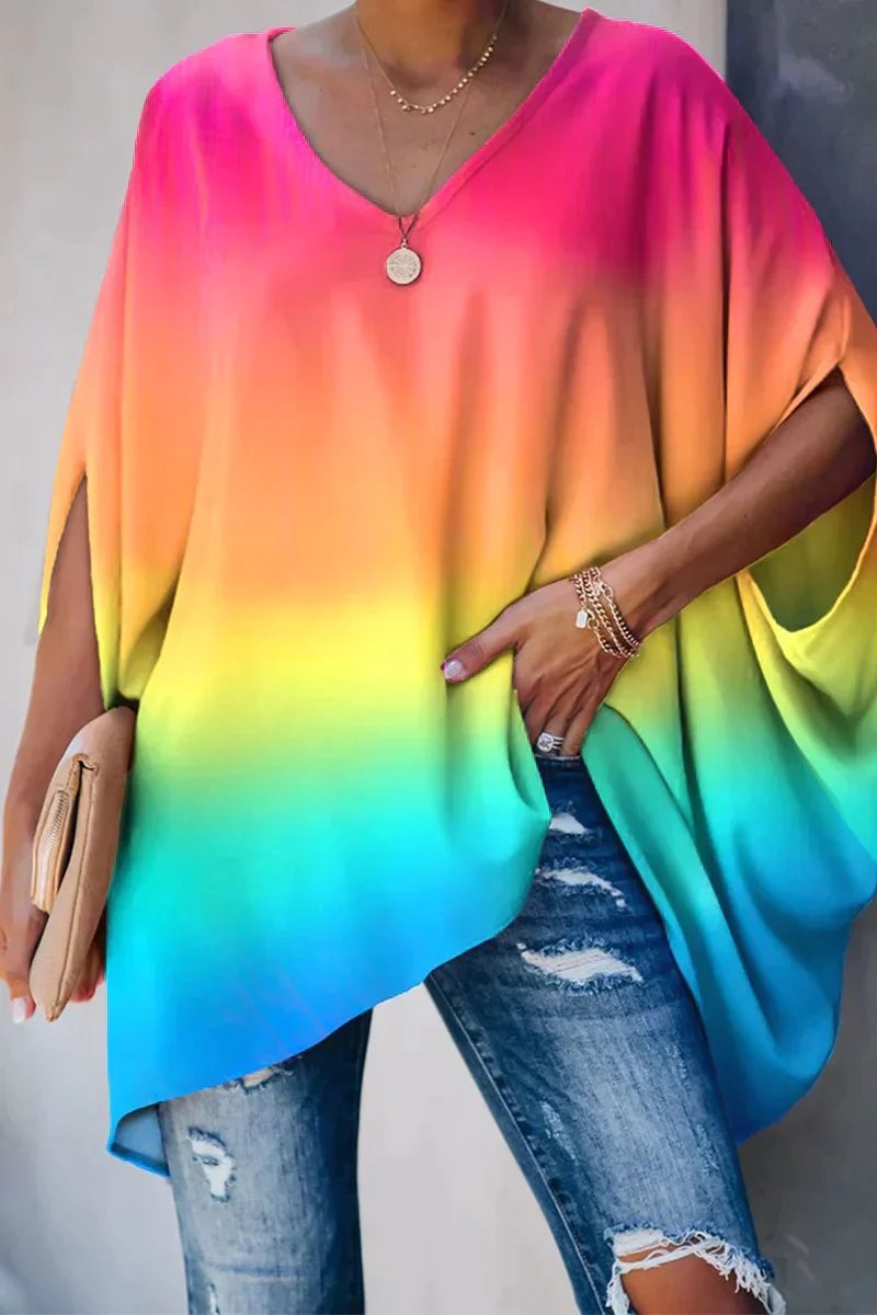 Rainbow ombre oversized tunic top featuring V-neck and flowy batwing sleeves