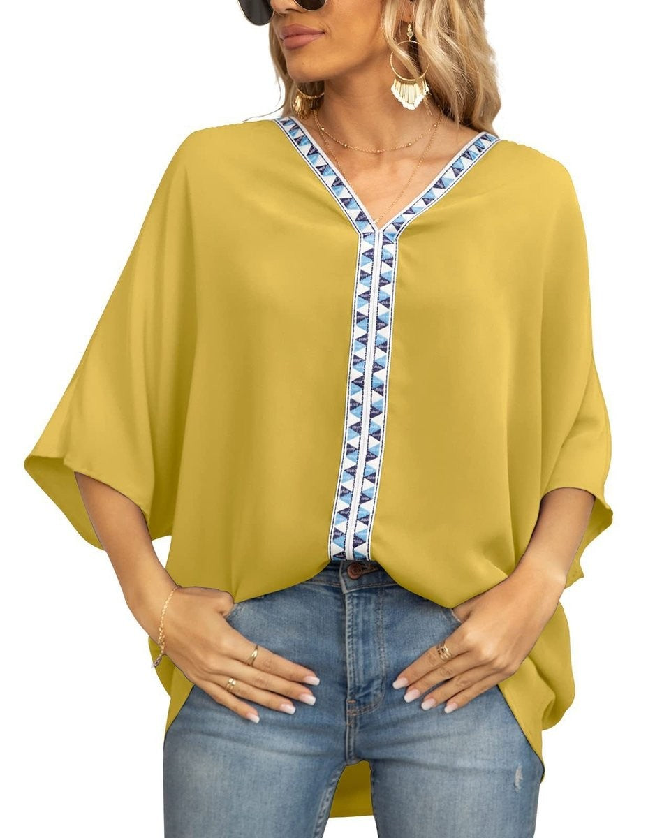 Mustard yellow tunic top with tribal trim and dolman sleeves