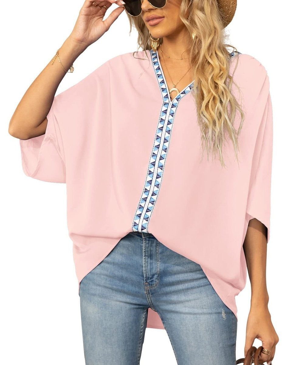 Blush pink oversized tunic top with aztec trim V-neckline