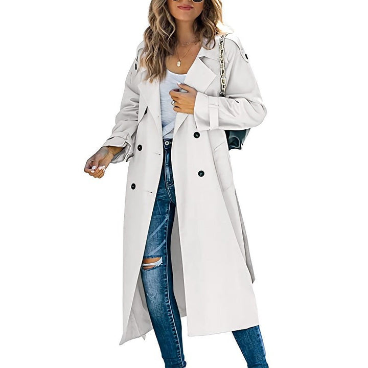 Off-white oversized double-breasted trench coat with belted cuffs and lapel collar