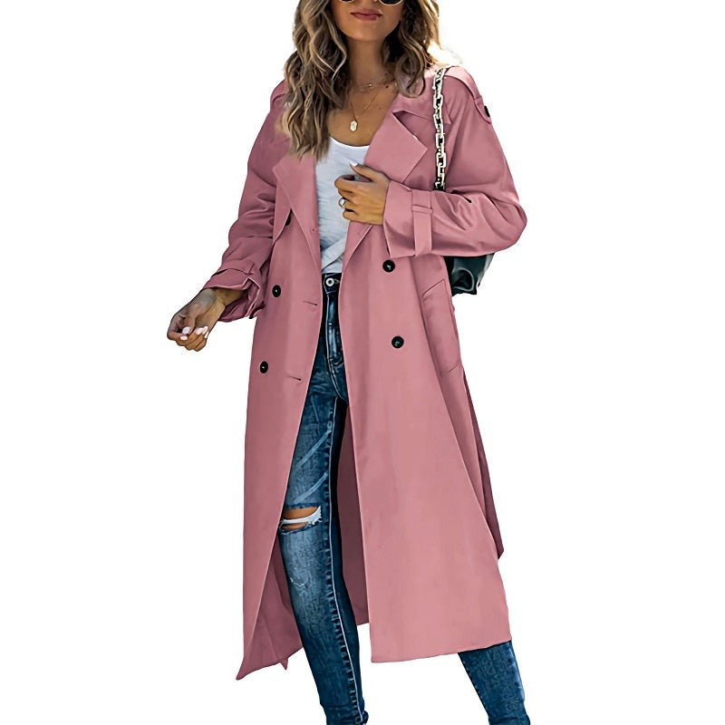 Dusty pink long trench coat featuring double-breasted buttons and tie waist belt