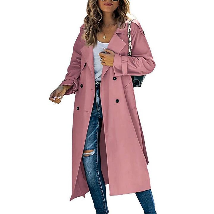 Dusty pink long trench coat featuring double-breasted buttons and tie waist belt