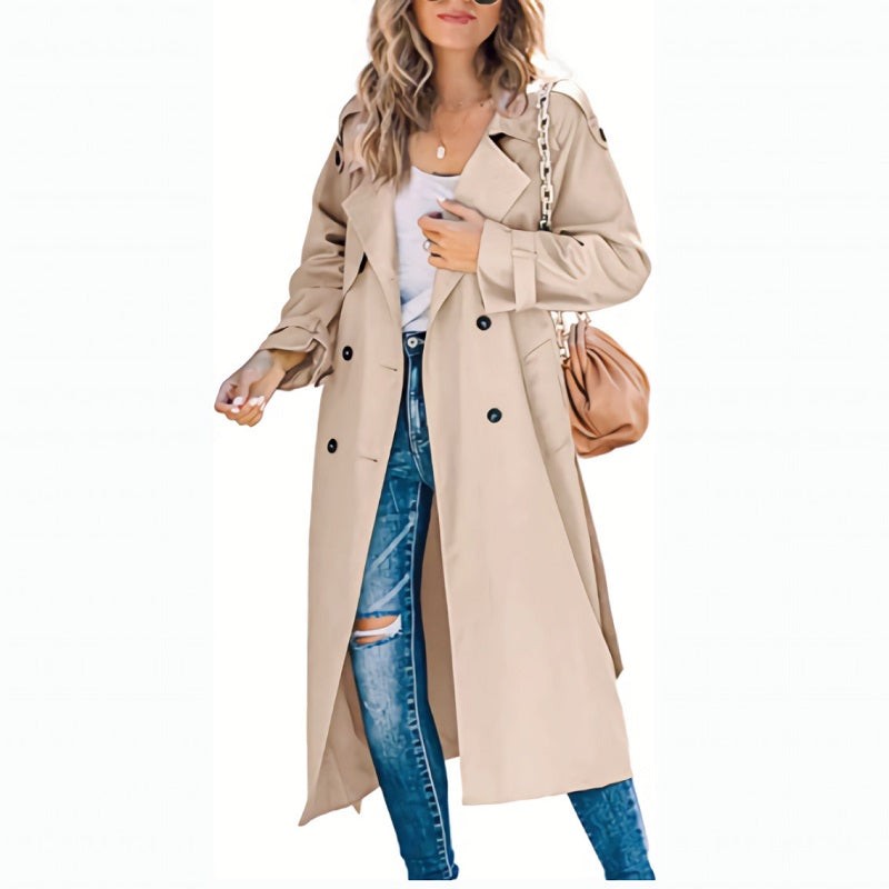 Beige longline trench coat with notched lapel and classic double-breasted design
