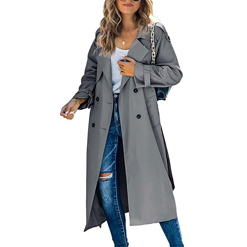 Gray oversized trench coat with belted sleeves and double-breasted button front