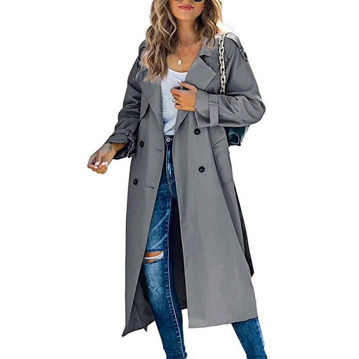 Gray oversized trench coat with belted sleeves and double-breasted button front