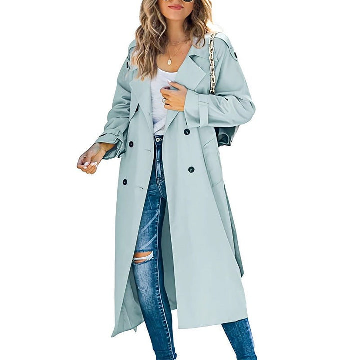 Sage green midi trench coat with wide lapel and tie belt closure
