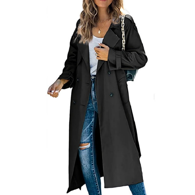 Black long trench coat with double-breasted buttons and oversized silhouette