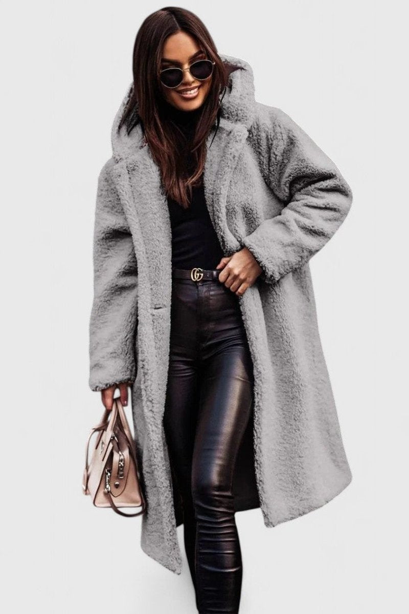 Gray oversized teddy fleece coat with hood and leather leggings