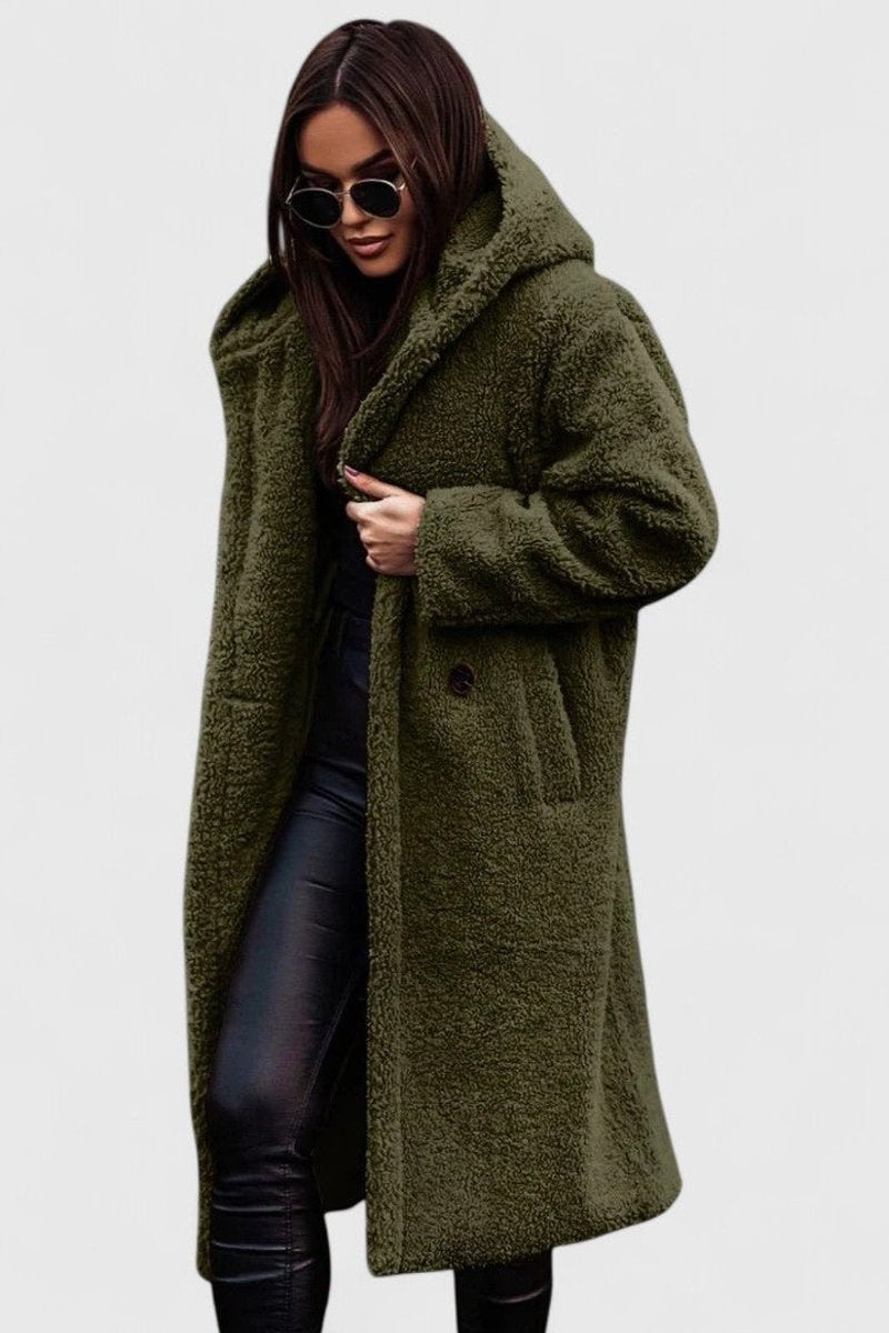 Olive green long teddy fleece coat with hood and deep pockets