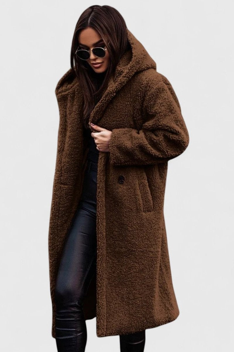 Chocolate brown oversized teddy fleece coat with hood and pockets
