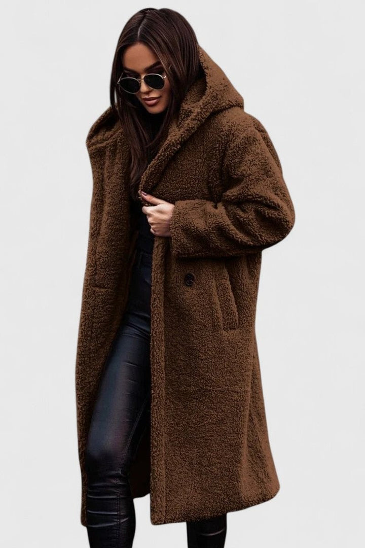Chocolate brown oversized teddy fleece coat with hood and pockets