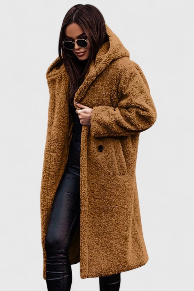 Camel colored long teddy fleece coat with hood and button front