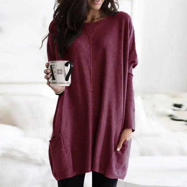 Burgundy oversized long-sleeve tunic top with front pocket and round neckline