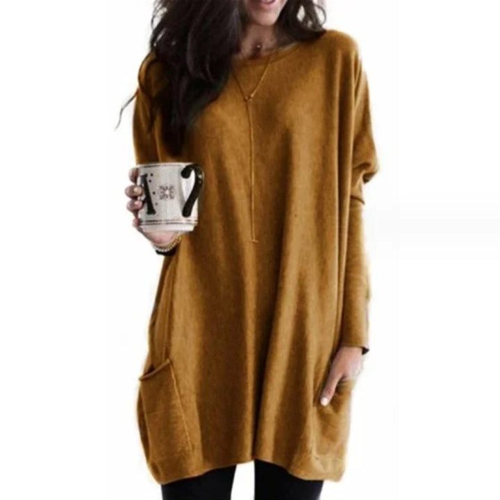 Mustard yellow long-sleeve tunic top with relaxed fit and front pocket