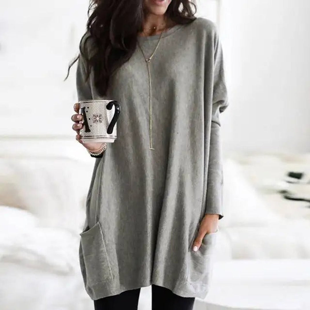 Heather gray long-sleeve tunic top with relaxed fit and side pocket