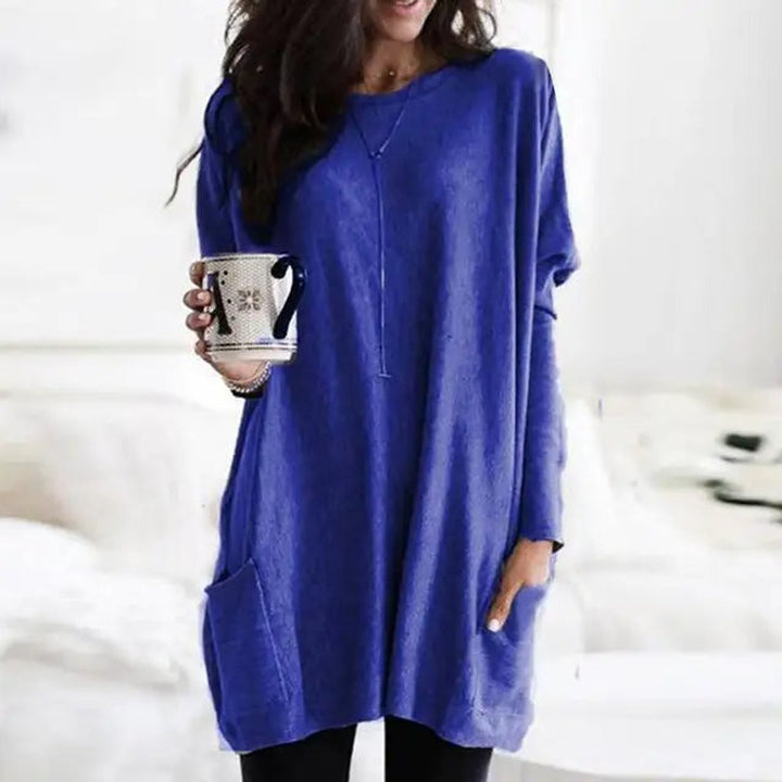 Royal blue long-sleeve pocket tunic top in relaxed oversized fit