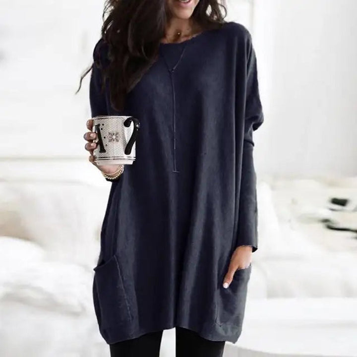Charcoal gray oversized tunic top with long sleeves and front pocket