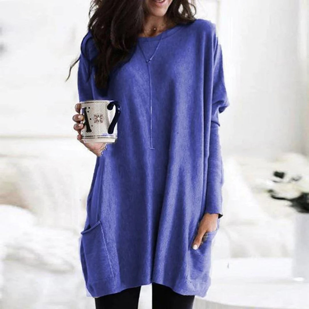 Cornflower blue oversized tunic top with long sleeves and front pocket