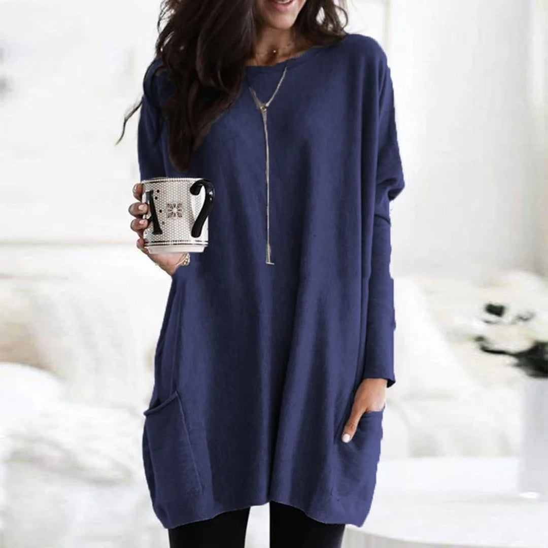 Navy blue oversized long-sleeve tunic top with front pocket detail