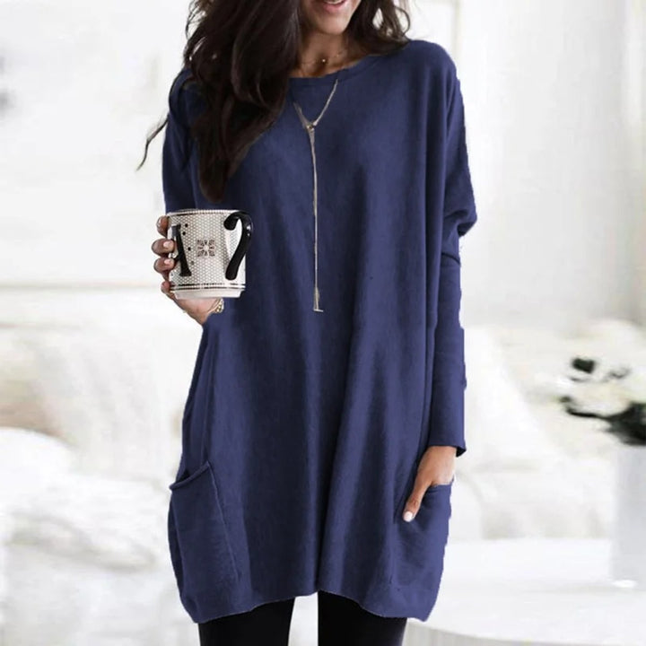 Navy blue oversized long-sleeve tunic top with front pocket detail