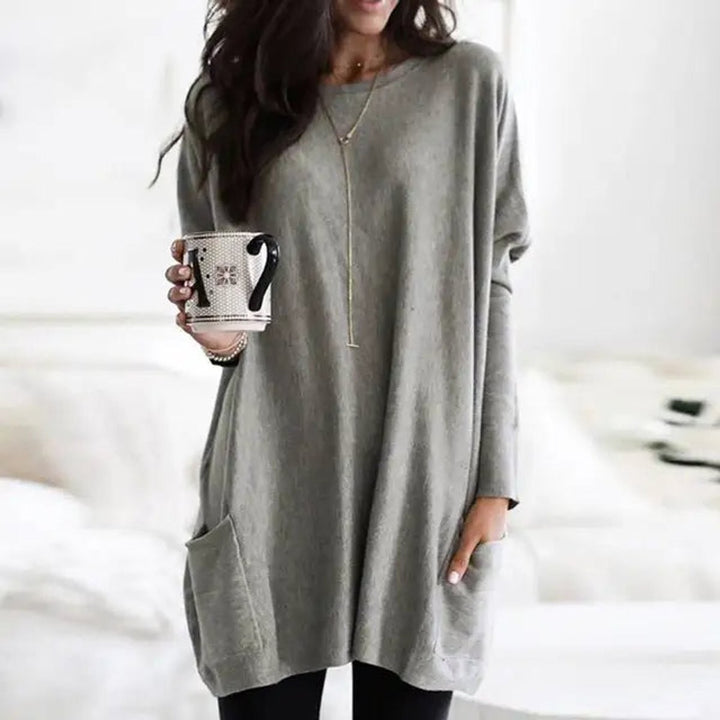 Heather gray oversized tunic top with long sleeves and front patch pocket