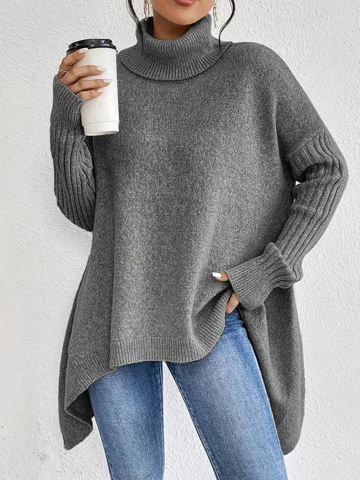 Gray oversized ribbed-trim turtleneck sweater with asymmetrical high-low hemline