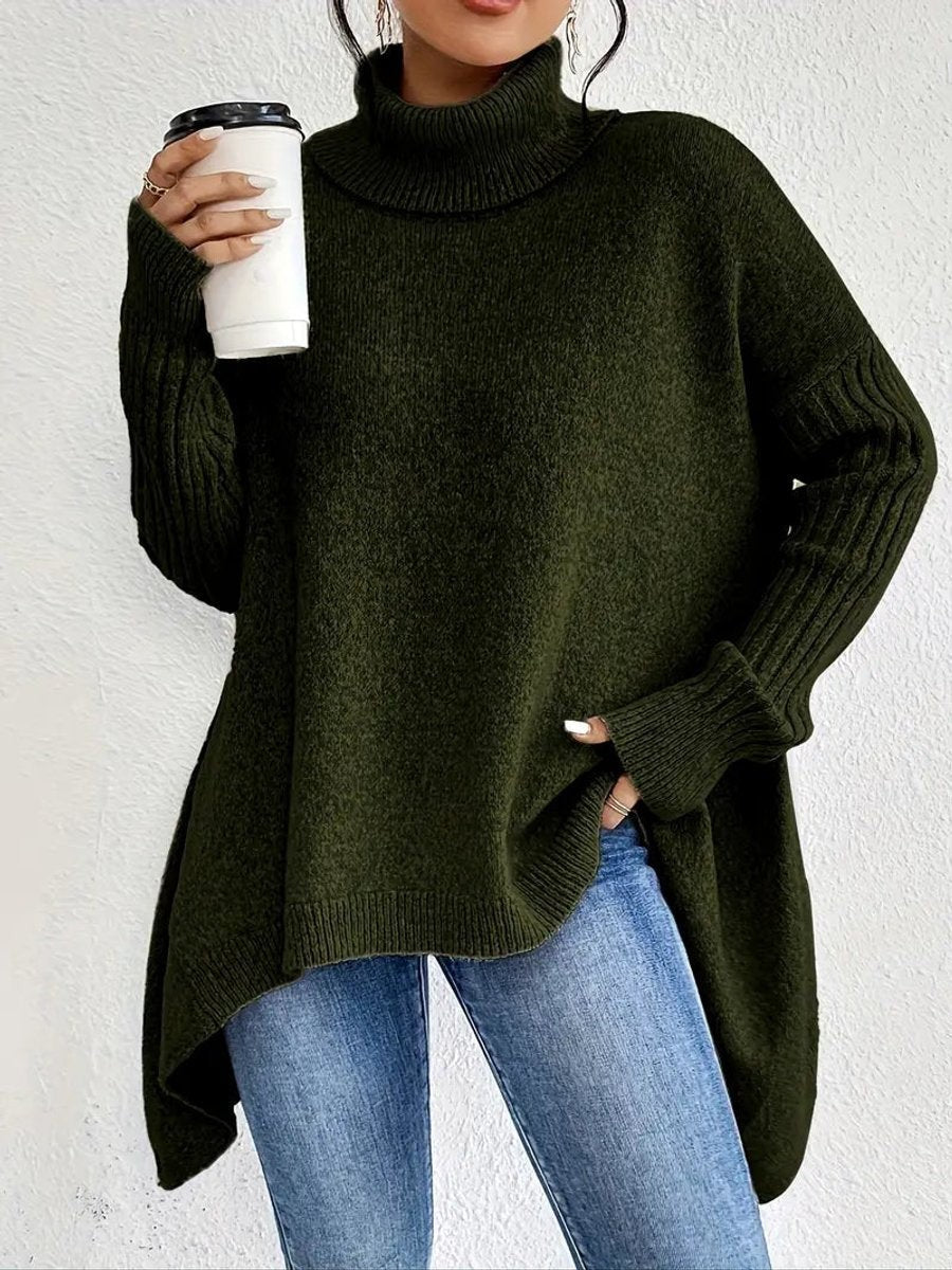 Olive green oversized turtleneck sweater with ribbed sleeves and draped hem