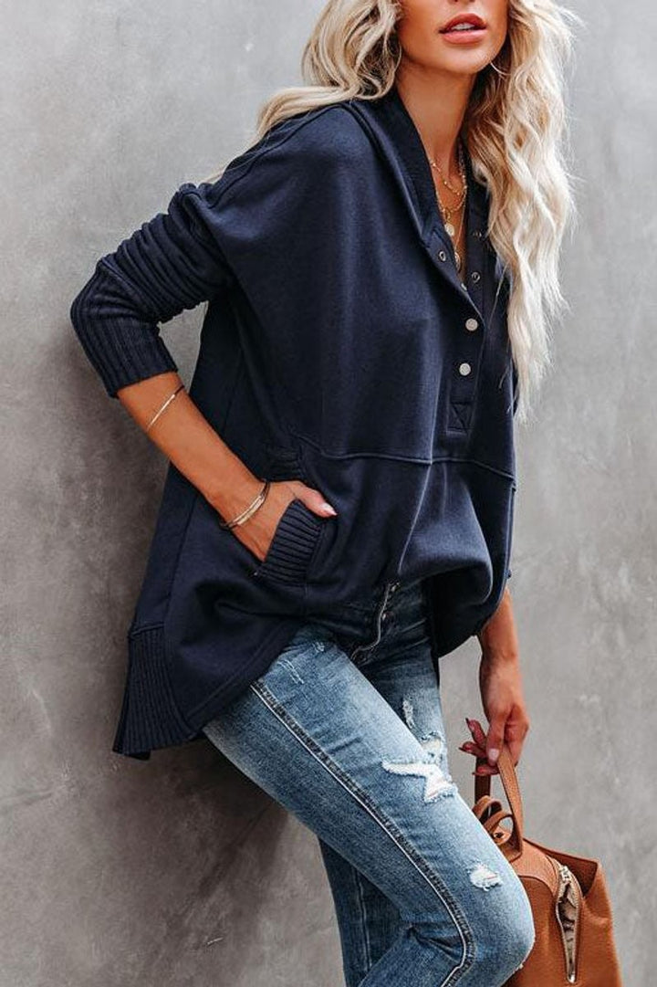 Navy oversized hoodie with drawstring waist and ribbed sleeve cuffs