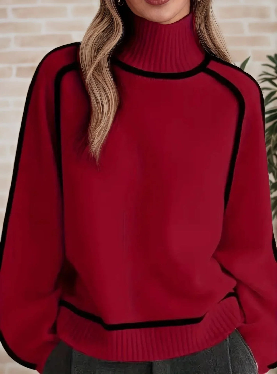 burgundy oversized turtleneck sweater with black piping seam detail
