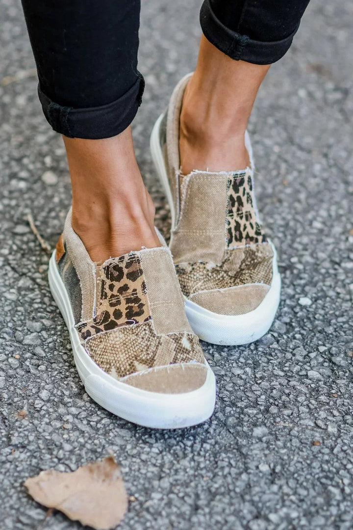 tan patchwork slip-on sneakers with leopard and snake print detailing