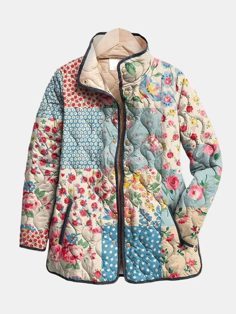 Quilted patchwork puffer jacket with floral and polka dot print, stand collar