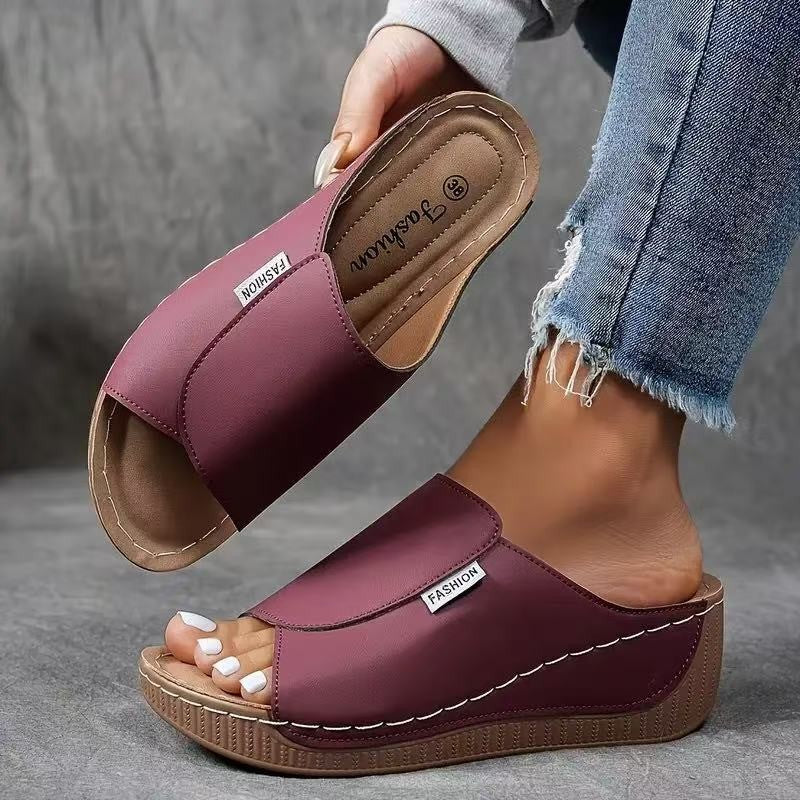 burgundy wedge sandal with wraparound strap and open toe