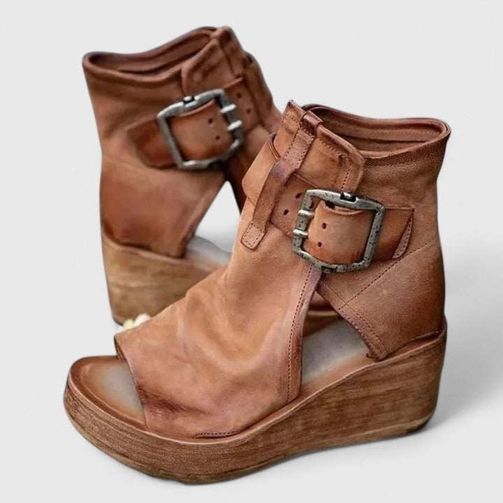 Cognac leather peep-toe wedge boots with buckle strap and wooden platform sole