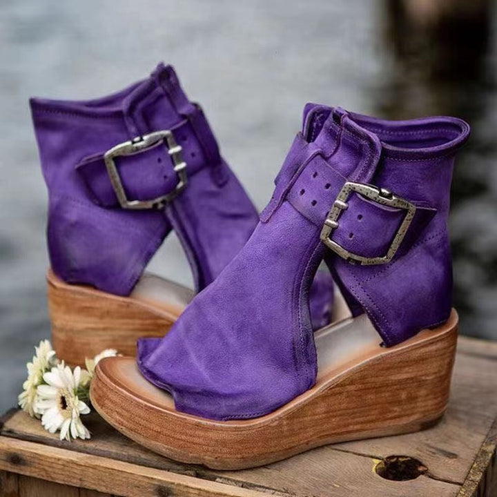 purple leather peep-toe wedge sandal boots with double buckle straps