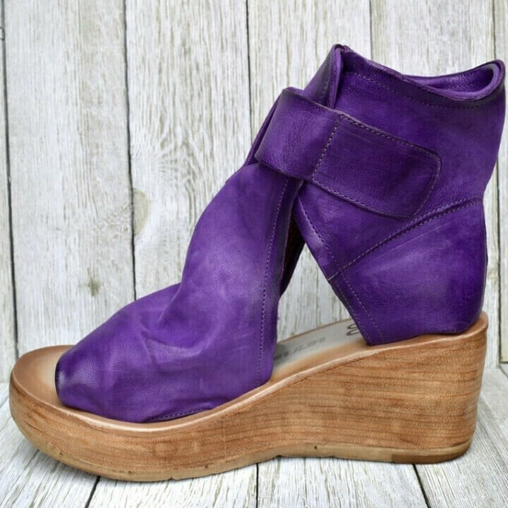 purple leather peep-toe wedge bootie with wide hook-and-loop strap