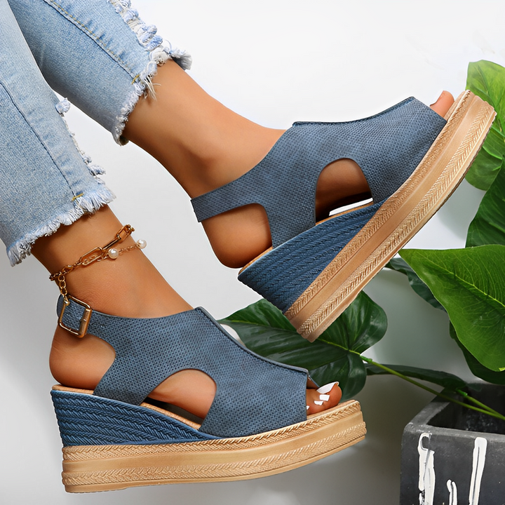 Denim blue peep-toe wedge sandals with espadrille platform and ankle strap