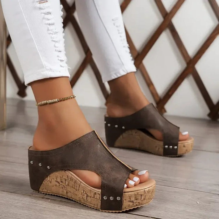 brown peep-toe cork wedge sandals with cutout side design