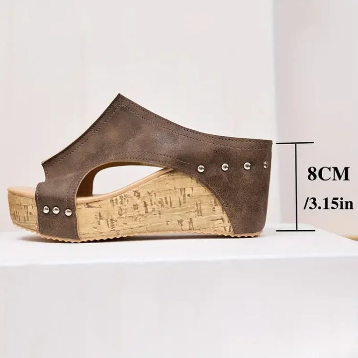 close-up of brown cork wedge sandal showing 3.15 inch heel height