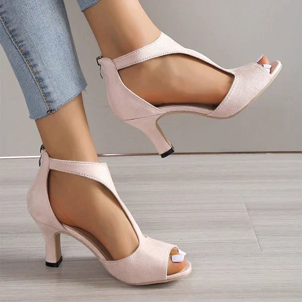 Beige suede low heel sandal with peep toe and side cutout detail