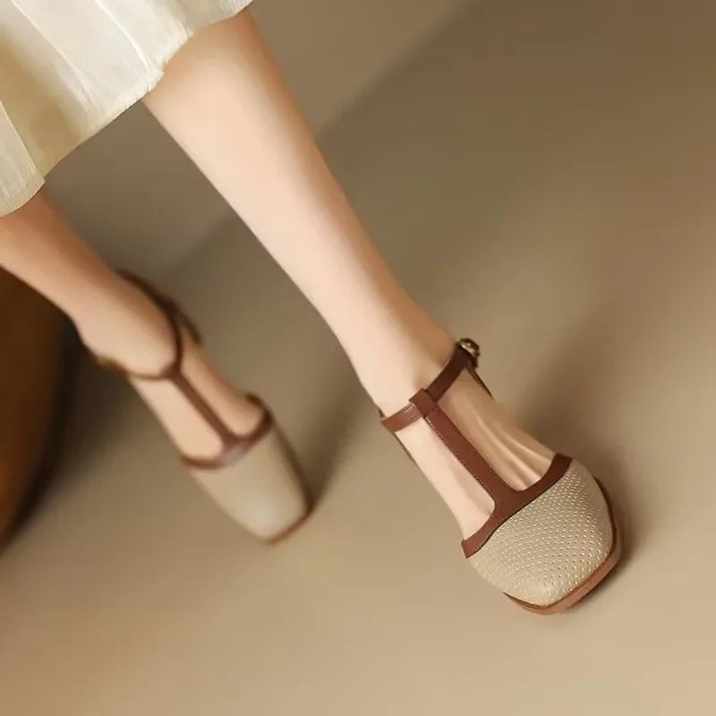 beige square toe mid heel shoes with contrasting brown T-strap detail
