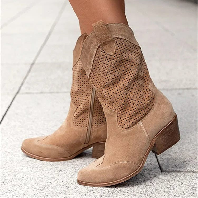 tan suede perforated western boots with stacked block heel