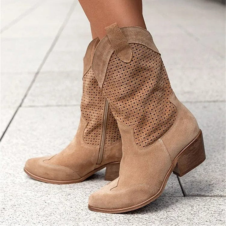 tan suede perforated western boots with stacked block heel