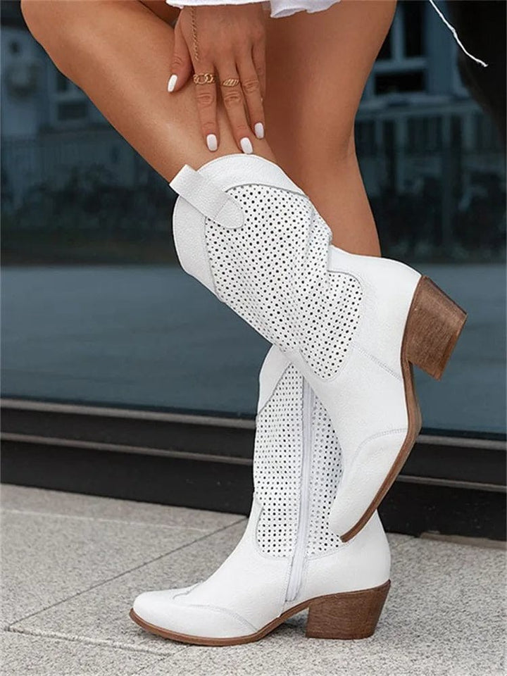 white leather western boots with perforated panel and block heel
