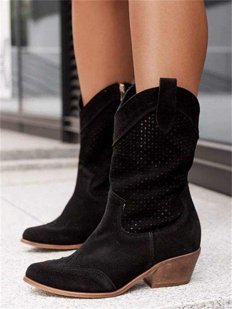 black suede western boots with perforated shaft and wood heel