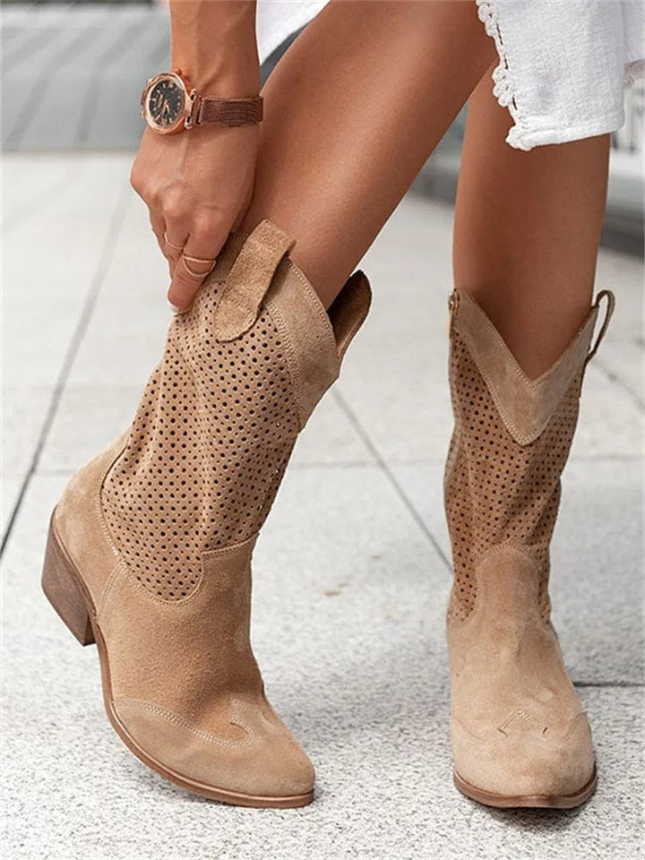 taupe suede western ankle boots with pointed toe design