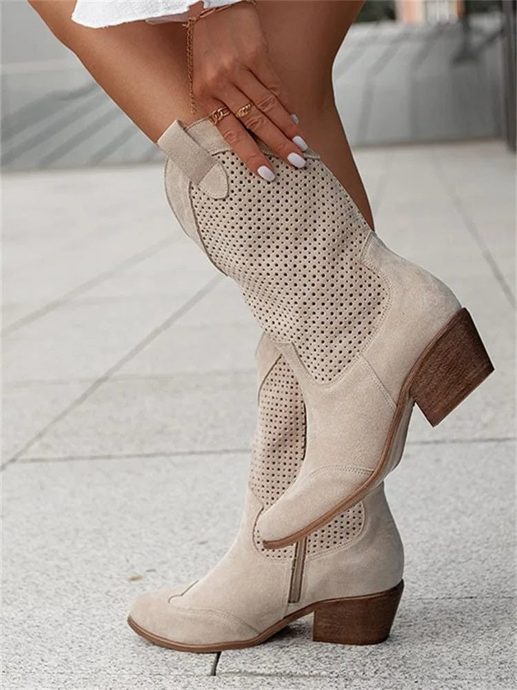 cream suede slouchy western boots with side zipper closure