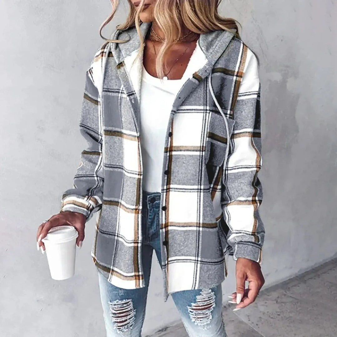 Gray plaid hooded button-down shirt jacket with contrast trim