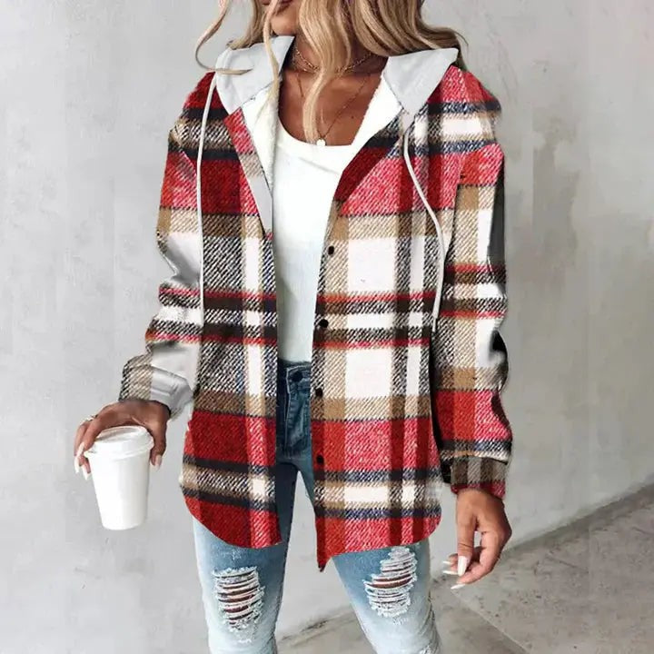Red plaid hooded flannel shacket with white drawstring hood