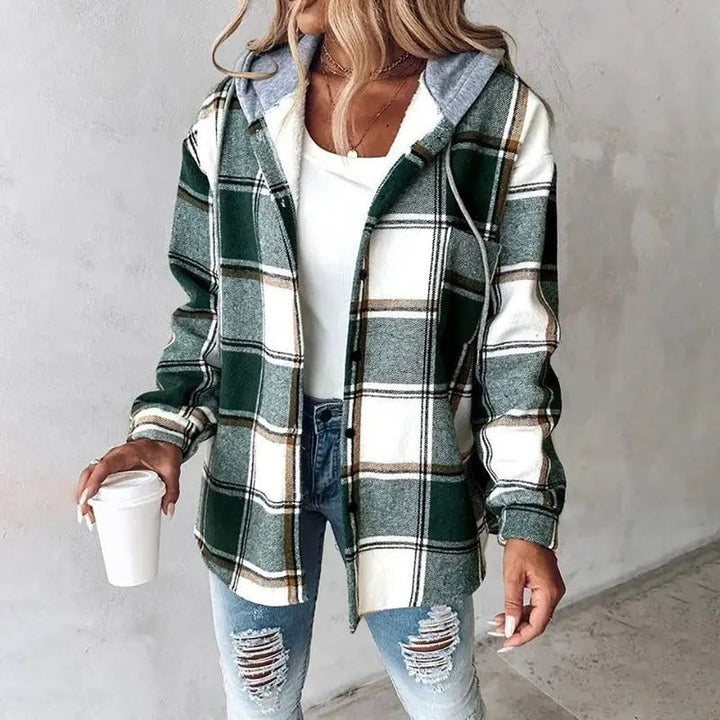 Green plaid hooded button-front jacket with gray contrast hood